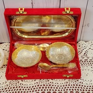 NIB Snack Bowls engraved brass silver and gold plated made in India